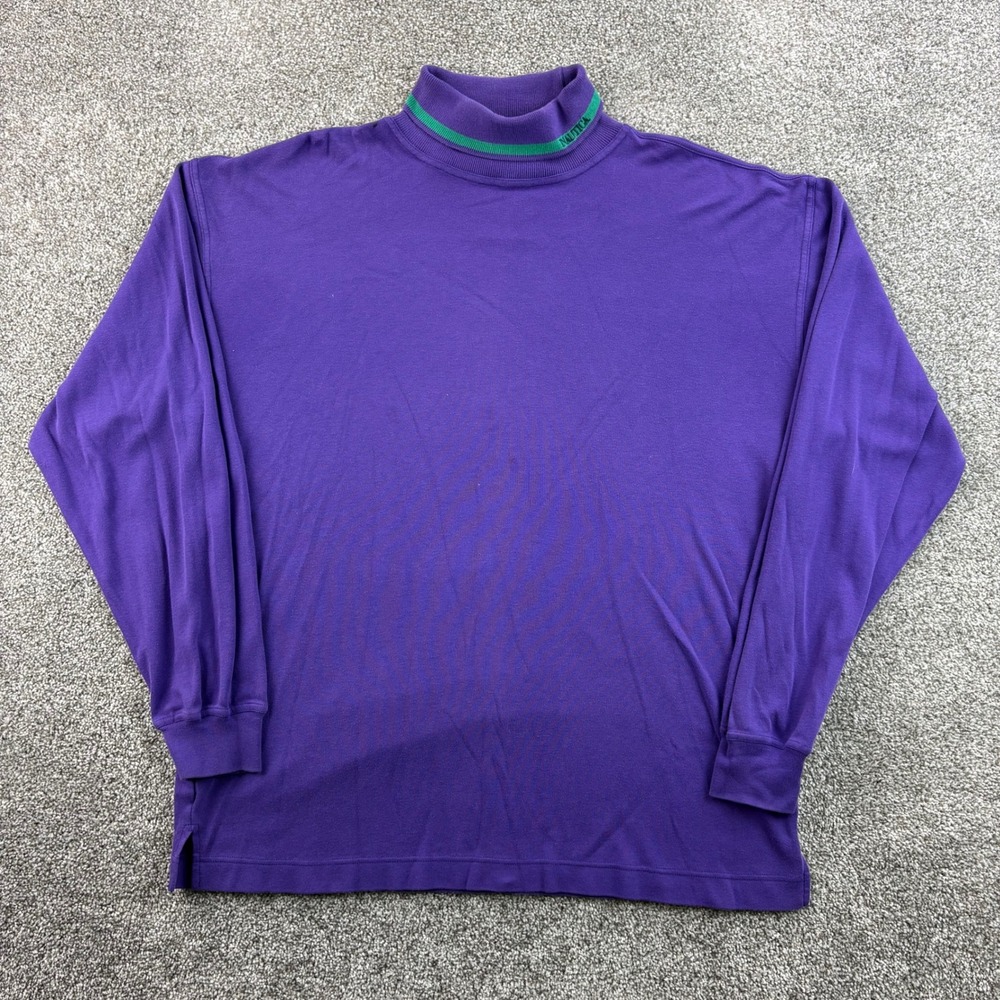 Vintage Nautica Turtle Neck Shirt Mens XL Purple Cotton Long Sleeve Mock Neck